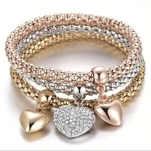 Tri-Tone Heart Charm Bracelet Trio